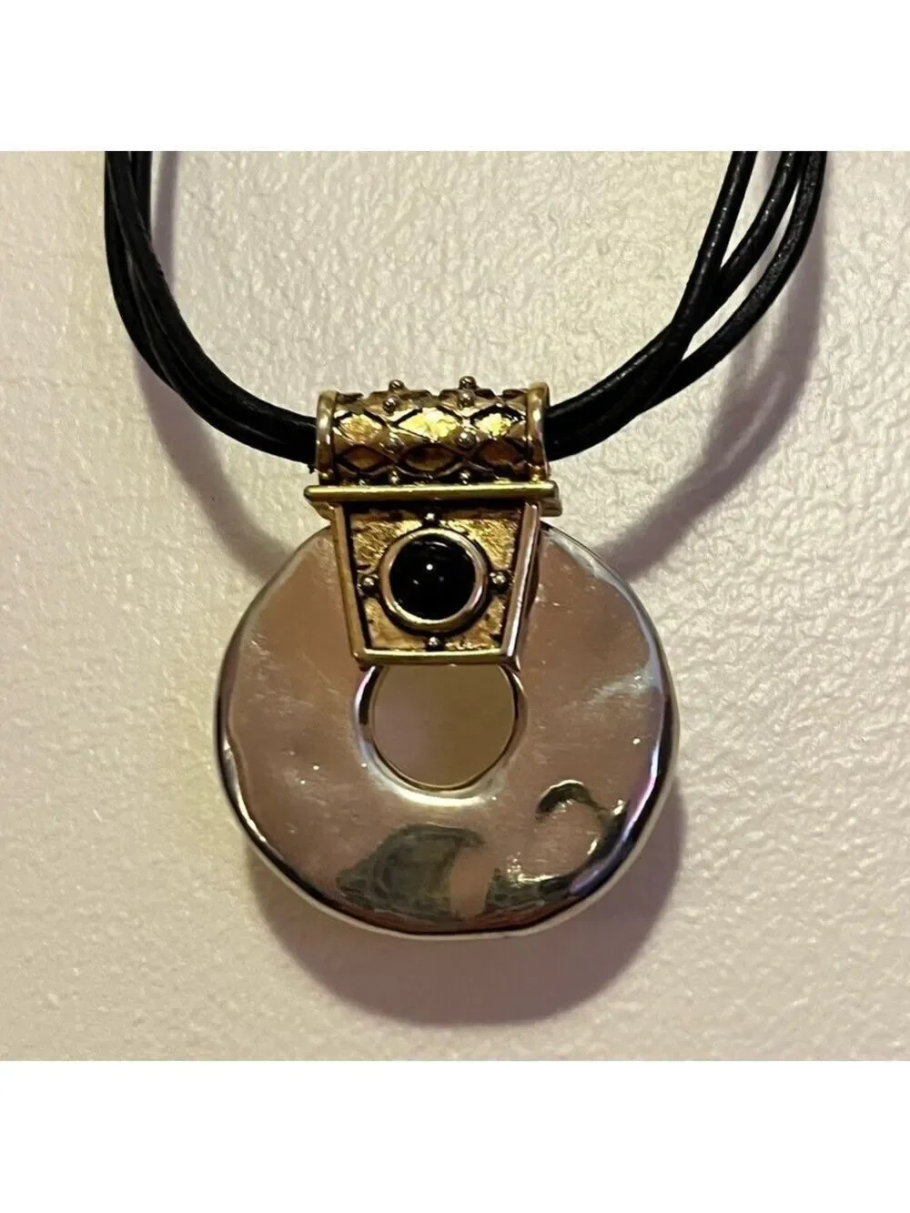 Chico’s hammered metal big pendant 3 strand black leather 90s whimsigoth 1990s